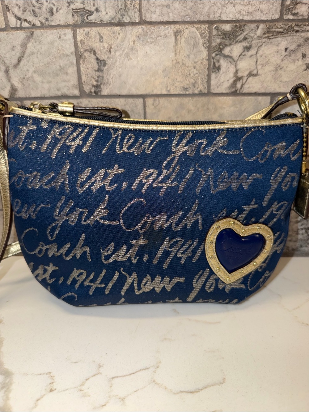 Coach Navy Script Crossbody with Gold Trim and Heart Accent